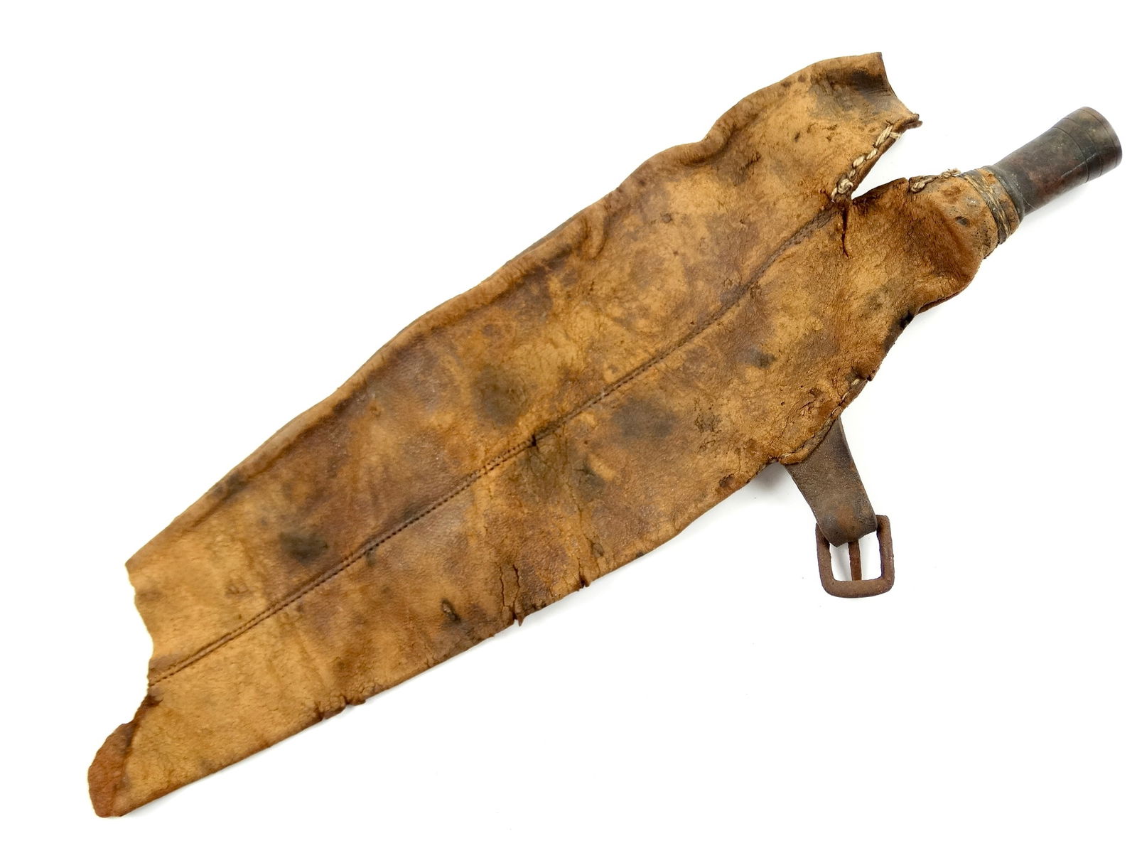 Antique Very Old Leather Powder Flask: Antique Leather Powder FlaskCondition is pictured