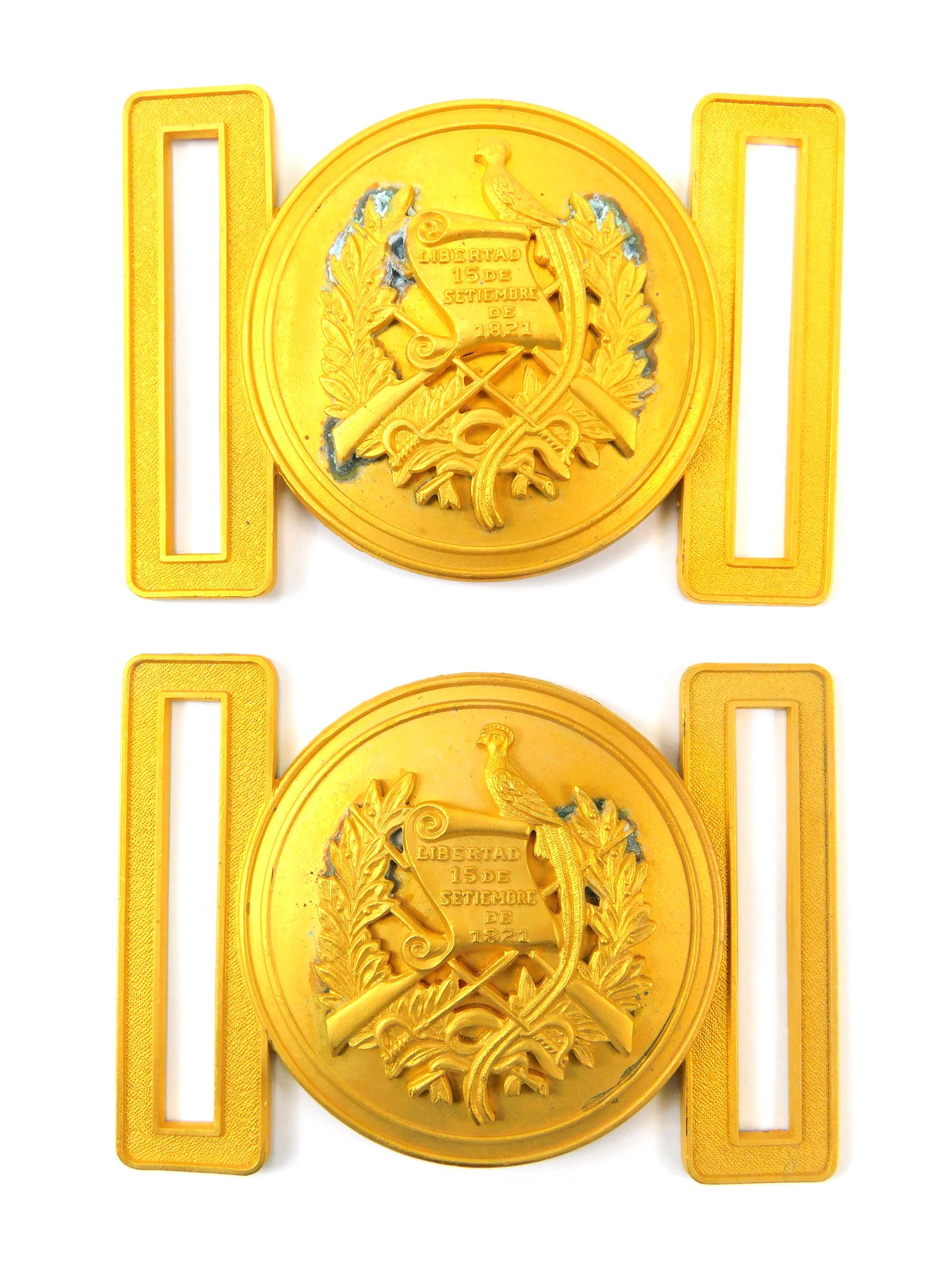 Set 2 US Guatemala Coat of Arms Gold Tone Military Army N.S. MEYER Belt Buckle: Set of 2 Guatemalan Armed Forces Gold Tone Belt Buckles. New Old Stock. Gilded alloy construction with Guatemala Coat of Arms in relief. Maker marked by N.S. Meyer.