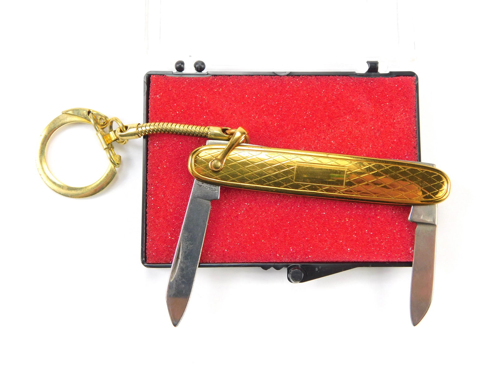 Vintage Gold Tone Colonial Prov R.I. 2 Blade Folding Pocket Knife: Vintage Gold Tone Colonial Prov R.I. 2 Blade Folding Pocket Knife with Box. New Old Stock.