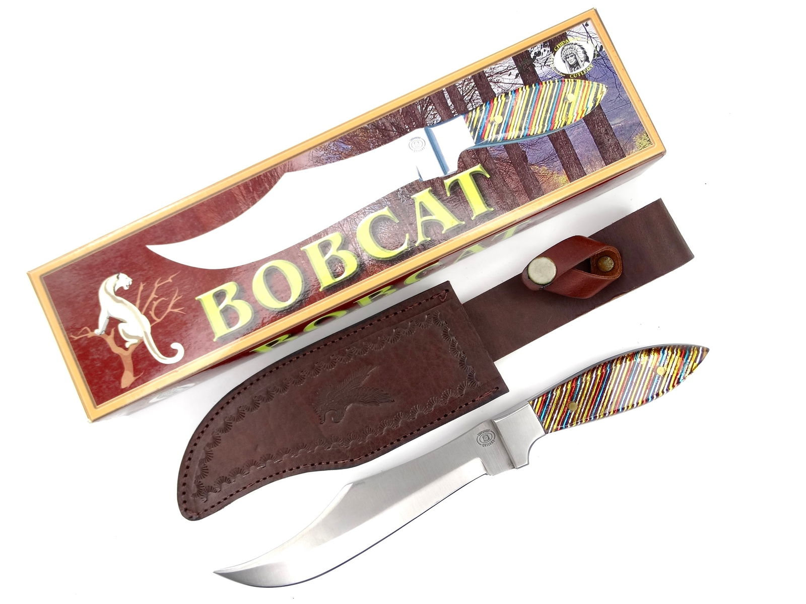 Vintage Chipaway Cutlery Bobcat Hunting Knife w/ Sheath Box: Vintage Chipaway Cutlery Bobcat Hunting KnifeWith sheath and boxMade in Pakistan12 1/8" long with 7 1/4" blade lock on leather loop stuck