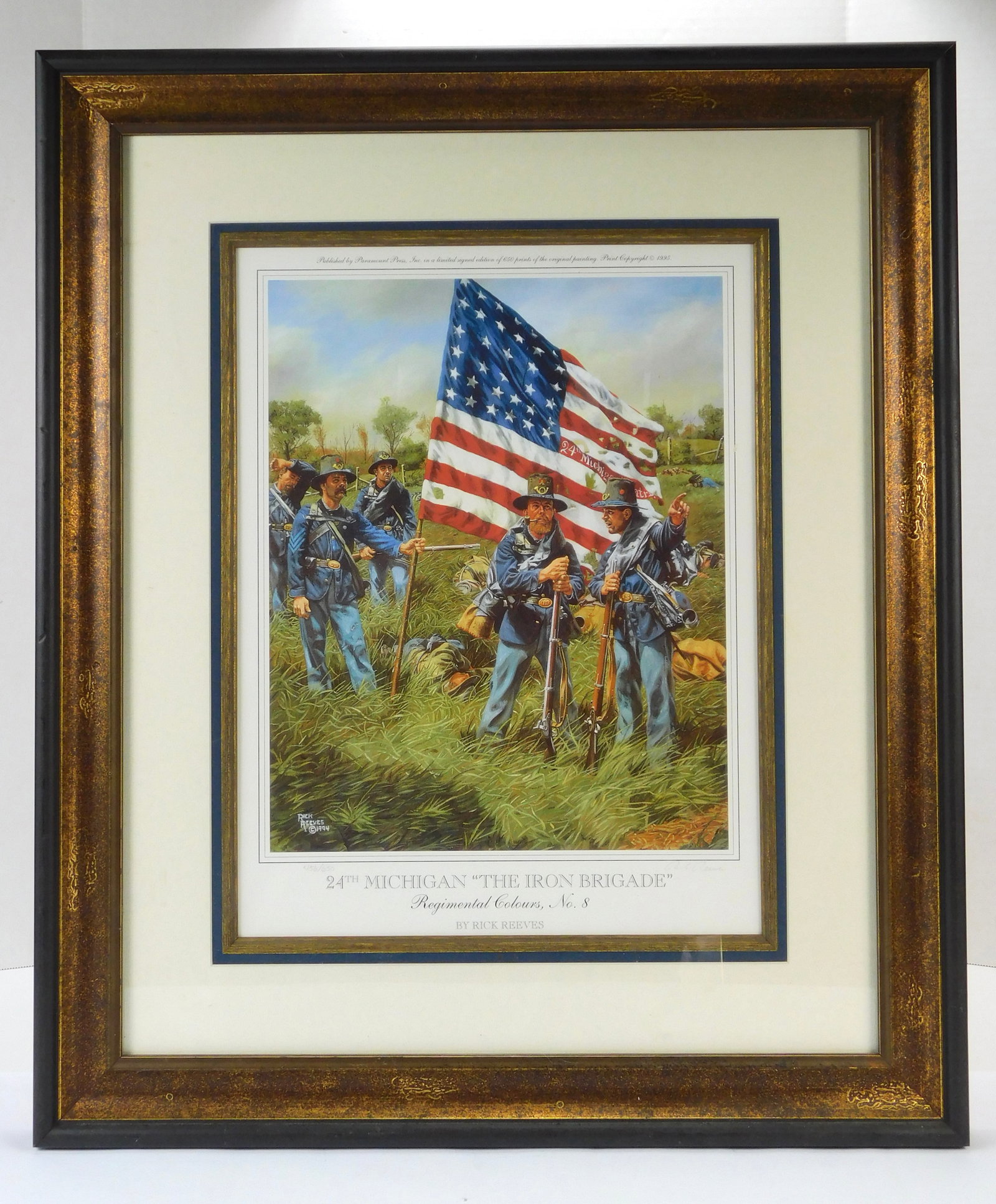 24 Michigan Iron Brigade Regimental Colors #8 Rick Reeves Limited Framed Print Certificate: Large 24th Michigan "The Iron Brigade" Regimental Colors #8 by Rick Reeves Limited Edition Framed Print with Certificate. 17 1/2" x 13" print in 27 1/4" x 23" frame.