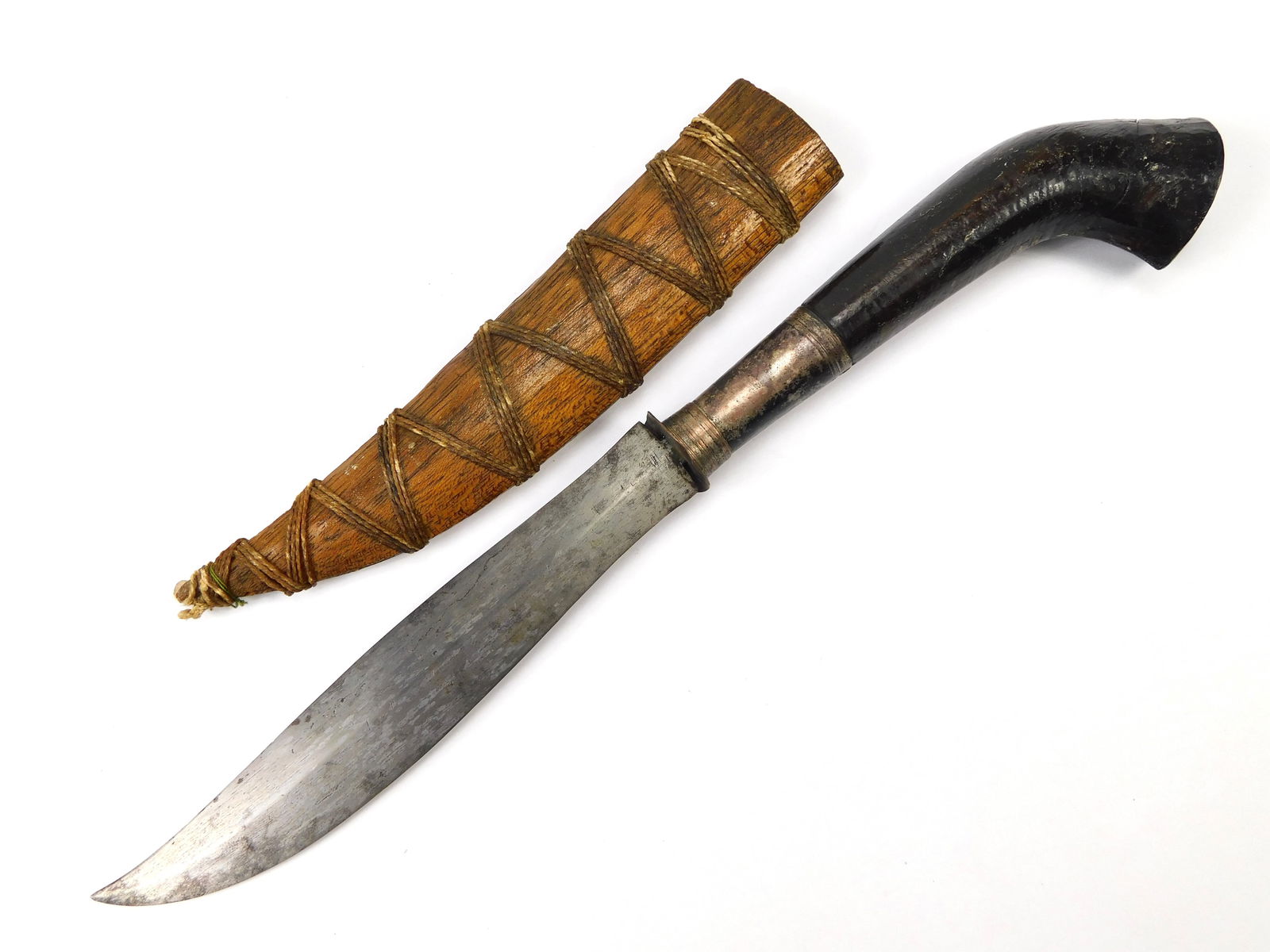 Vintage Antique Middle East Hunting Fighting Knife w/ Scabbard: Antique Middle Eastern Hunting Fighting Knife with Scabbard. The Guard ring is loose. Silver fitting on the wood handle. 12" total length. The blade is 6 3/8"