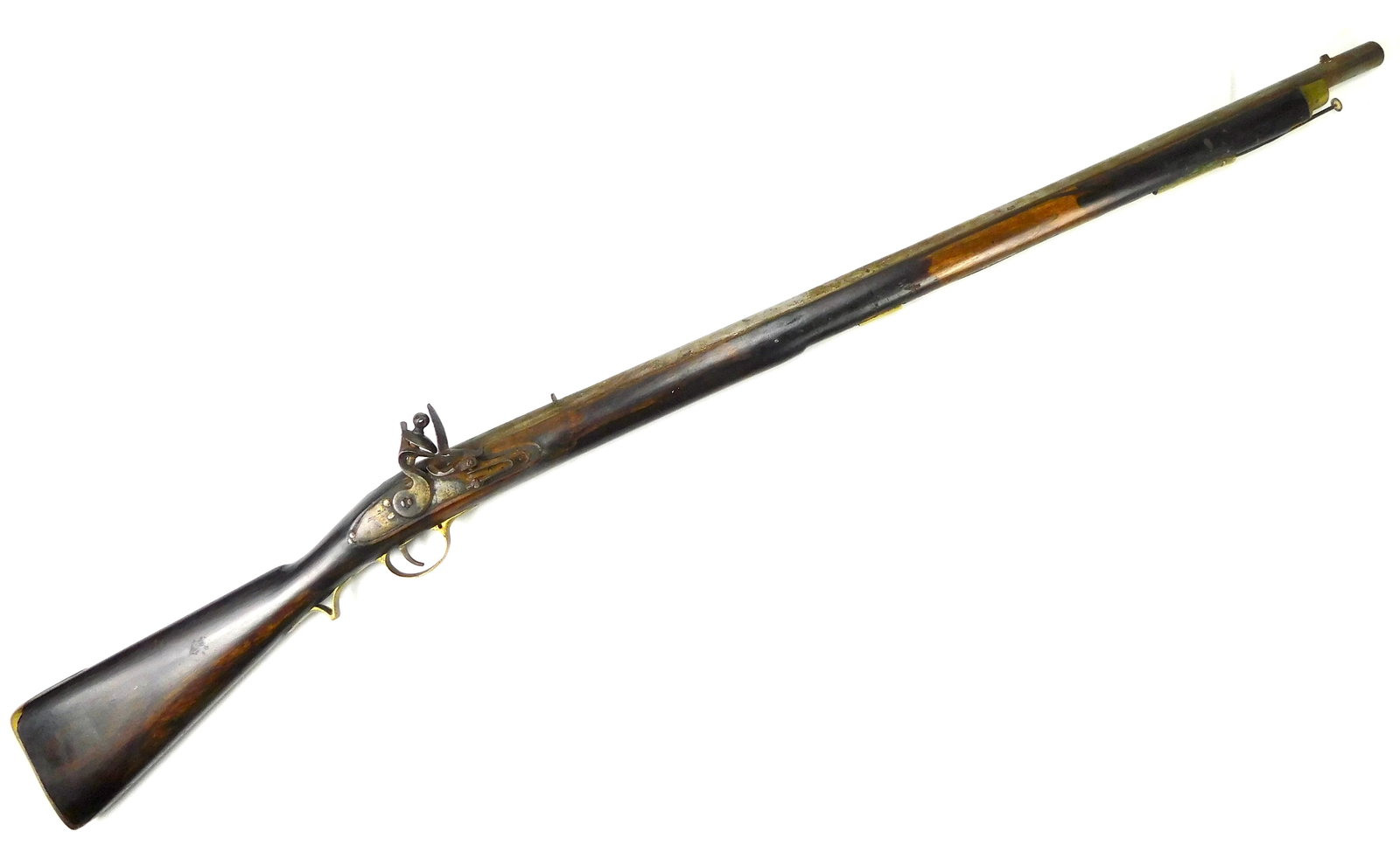Antique British Nepal India Pattern Brown Bess Gauge 62 Flintlock Musket: Antique British Nepal / East India Pattern Brown Bess Gauge 62 Flintlock Musket. "TOWER/PROOF" marked locked with a pan that blocks the vent. The barrel has a thinner tube inside the outer tube. Calib