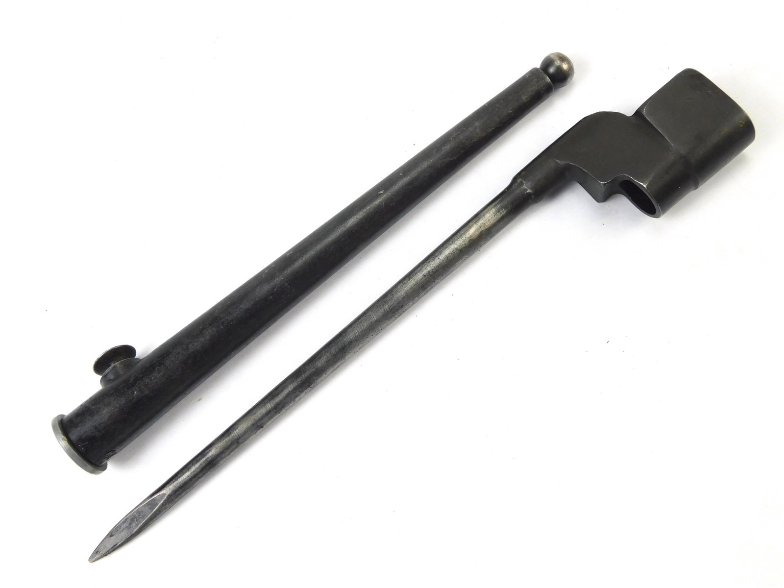 British English WW2 Spike Bayonet w/ Scabbard: British WW2 Spike Bayonet with Scabbard. 10" long with an 8" blade.