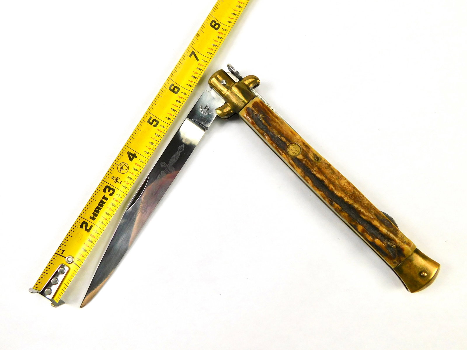 Vintage German Germany Kissing Crane Stiletto Oversized Folding Stag Knife: Vintage German Kissing Crane Stiletto Large Folding Hunting Knife. Stag handle. The blade snaps, with no wobble. Measurements are pictured.