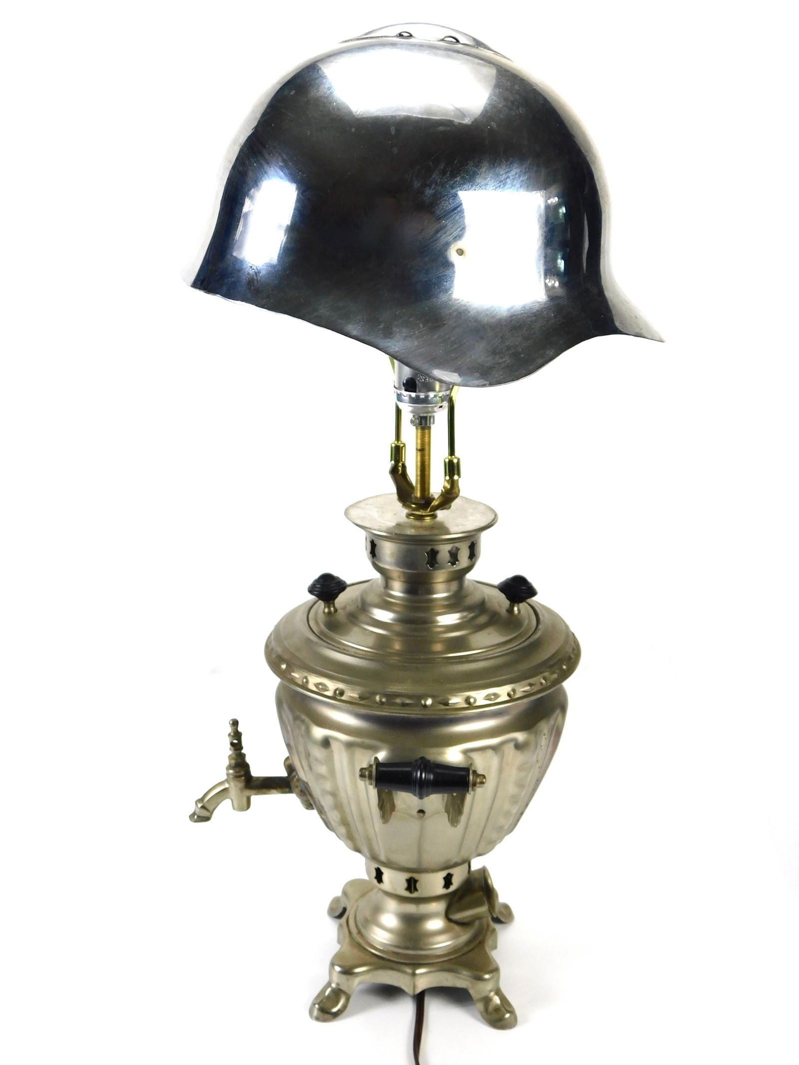 Soviet Russian Russia WW2 SSH-36 M36 Helmet Vintage Samovar Light Stand Lamp: Soviet Russian WW2 SSH-36 M36 Helmet and Vintage Samovar Converted to Light Stand. The helmet is restored and nickel-plated. 1950-60's electric samovar is in not working condition. Working condition,