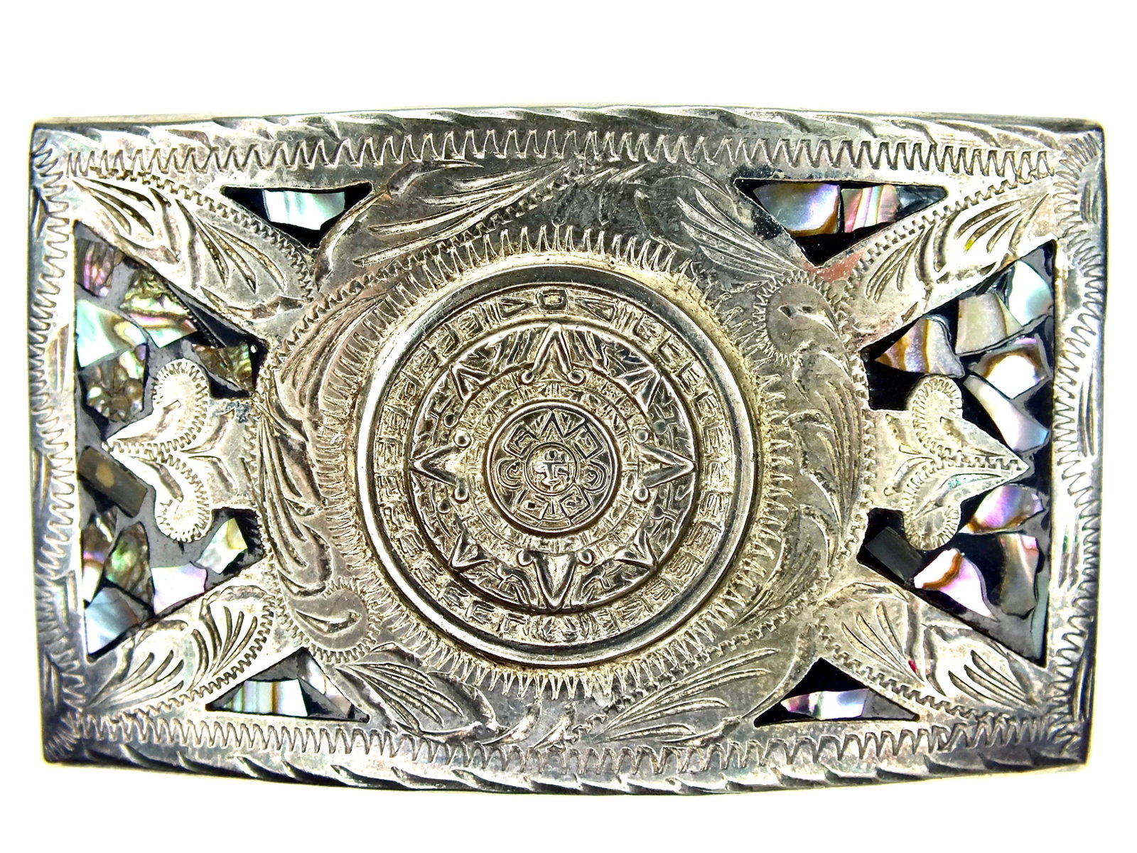 Myriam Calendar Southwestern Alpaca Silver Large Mother of Pearl Mexico Belt Buckle: Myriam Calendar Southwestern Alpaca Silver Large Mother of Pearl Mexico Belt Buckle. Belt Buckle marked. Measurements pictured. Conditions pictured.