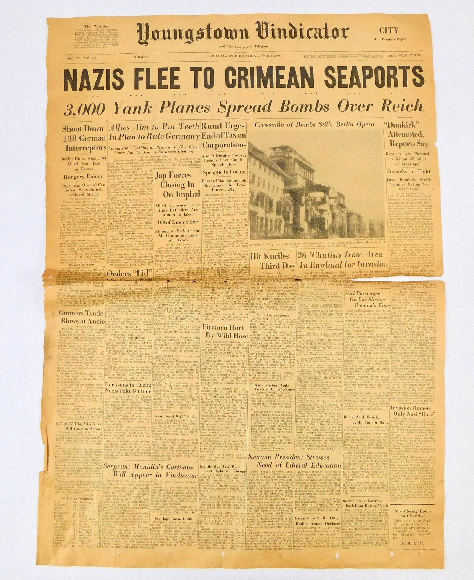 US WW2 April 14 1944 Youngstown Vindicator Newspaper Page: US WW2 April 14, 1944 Youngstown Vindicator Newspaper Page. Only one page, not a whole paper.
