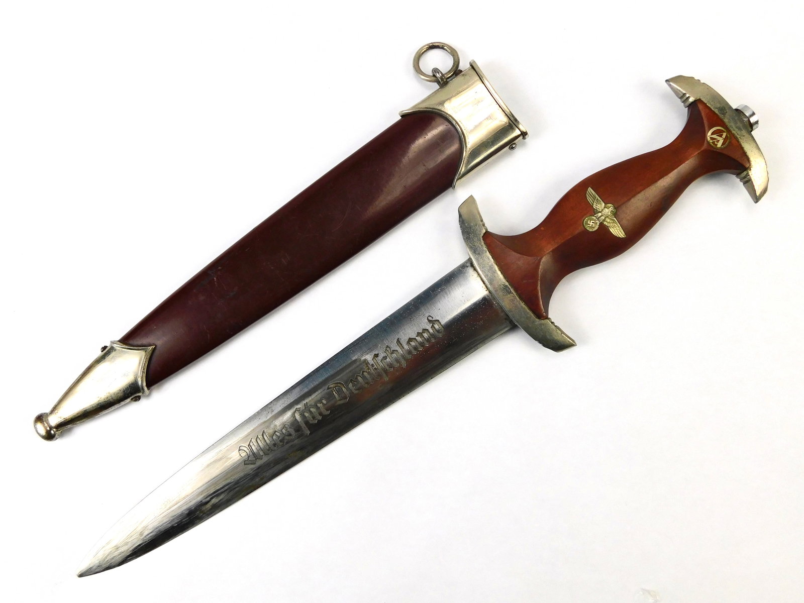 German Germany WW2 SA Dagger Fighting Knife: German WW2 SA Dagger with Scabbard. Solid, no loose parts. 13 5/8" long with 8 5/8' blade.