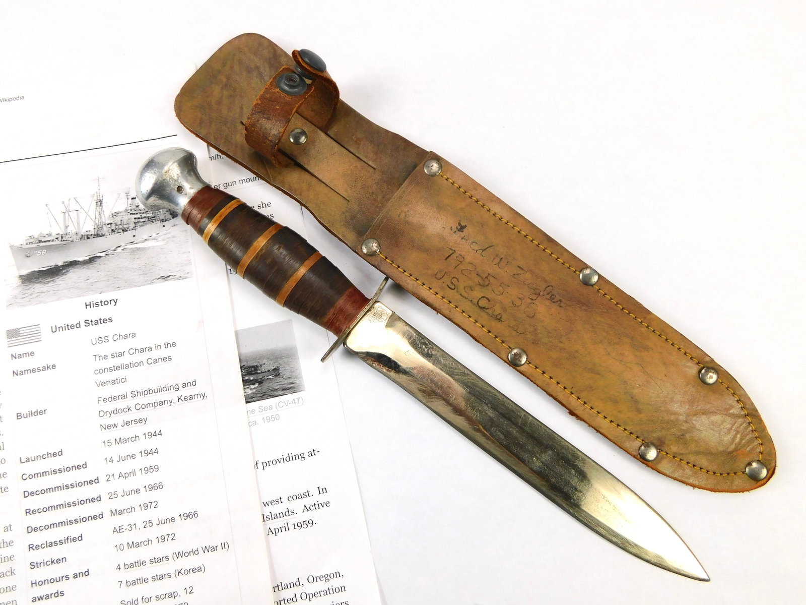 US WW2 Custom Made Handmade Theater Fighting Knife Sheath Papers: US WW2 Custom Made Theater Fighting Knife with Leather Sheath and Papers. The handle parts are a bit loose. 11 1/2" total length. The blade is 7 1/8".