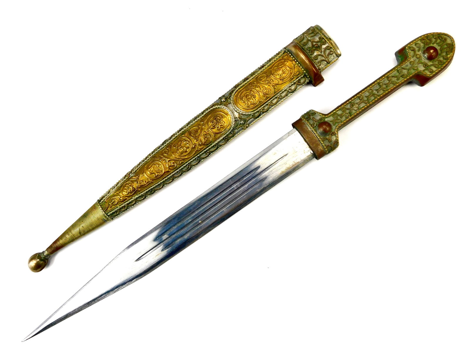 Caucasian Fancy Dagger Kinjal Fighting Knife Imperial Russia Vintage: Caucasian Fancy Dagger with Scabbard. From Imperial Russia or Vintage. Solid, no loose parts. 16 7/8" long with 11 1/2" blade.