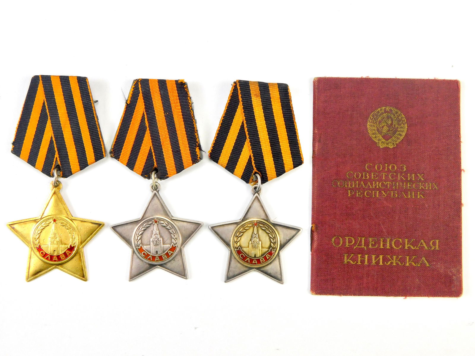 Soviet Russian Russia USSR WW2 Set 3 24K Gold Silver Order of Glory Document Star Award Medal: Soviet Russian WW2 Set of 3 24K Gold and Silver Orders of Glory with Document, belonged to the same person
