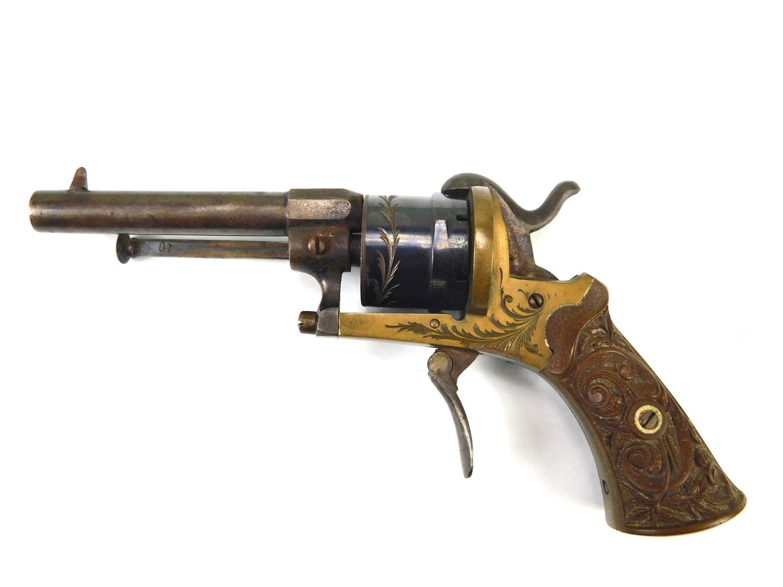 Antique French France 19 Century Percussion Revolver Gun: French 19 Century Percussion Revolver. Works well with double and single action.The trigger is not returning back by itself.