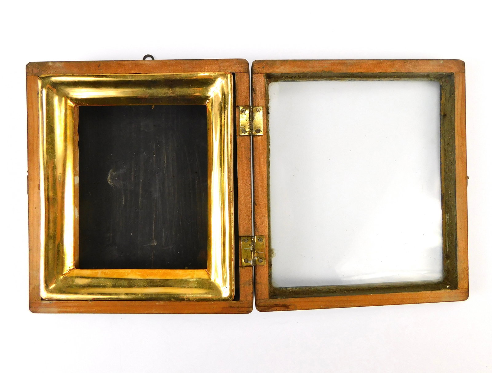 Antique 19 Century Orthodox Christian Russian Russia Small Kiot Gold-plated Wood Icon Frame Case: Antique Middle of 19 Century Russian Orthodox Small Gold-plated Wood Kiot. Measurements are pictured. Glass lid. Kiot is a special frame box for Orthodox Christian icons. Many Orthodox Christians perc