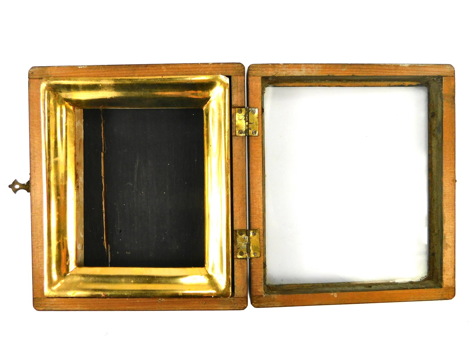 Antique 19 Century Orthodox Christian Russian Russia Small Kiot Gold-plated Wood Icon Frame Case: Antique Middle of 19 Century Russian Orthodox Small Gold-plated Wood Kiot. Measurements are pictured. Glass lid. Has crack, pictured. Kiot is a special frame box for Orthodox Christian icons. Many Ort