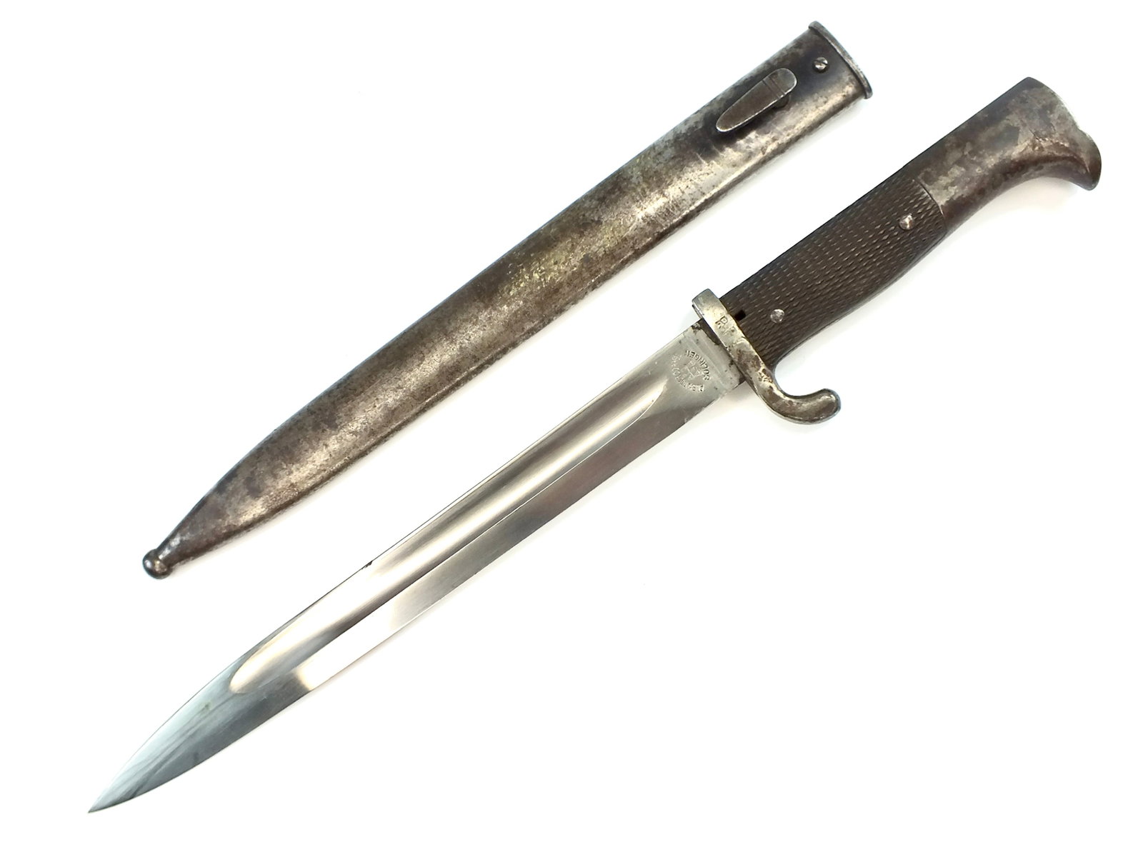 RARE German Alexander Coppel R.F.V. WW1 Mauser Bayonet: RARE German Alexander Coppel Solingen WW1 Reichs Finance, National Finance Ministry Mauser K98 Bayonet with Scabbard. Push button works. R.F.V. stands for Reichfinanzverwaltung which translates to the
