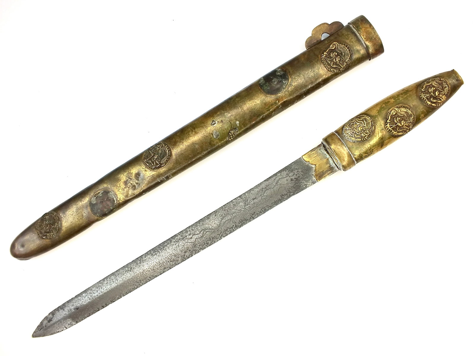 Antique Japan Japanese Wakizashi Tanto Katana Sword: Antique Japanese Wakizashi Short Sword with Scabbard. 17 7/8" long with 13" blade. Scabbard is missing several decorative pieces.