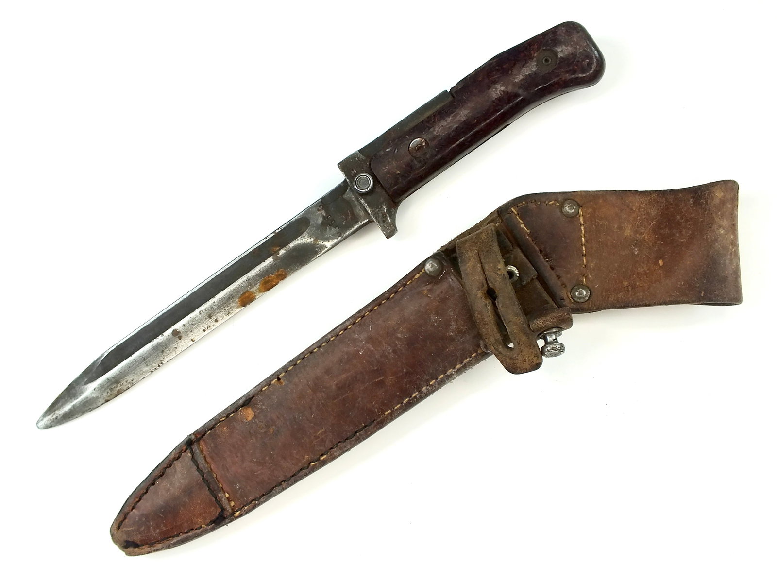Vintage Czechoslovakian Czech VZ 57 Bayonet Fighting Knife: Vintage Czechoslovakian VZ 57 Bayonet with Leather Sheath. 10 7/8" long with 6 1/2" blade. Solid, no loose parts.