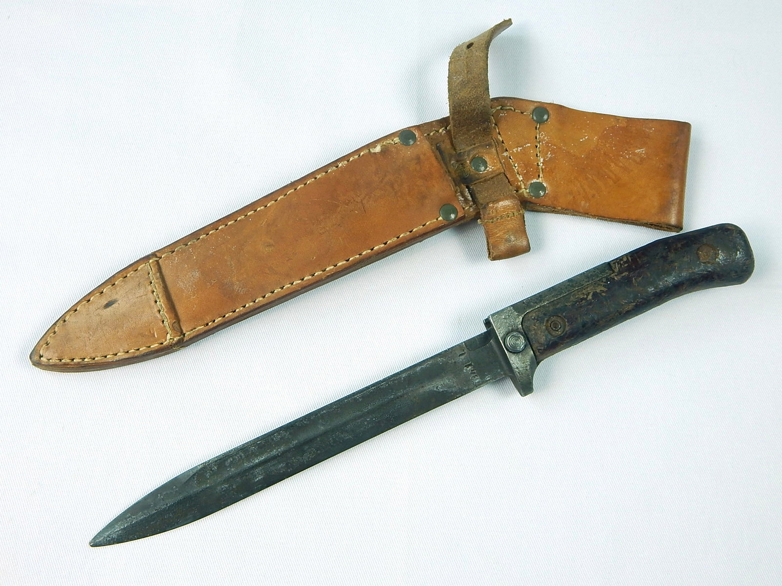 Vintage Czechoslovakian Czech VZ 57 Bayonet Fighting Knife: Vintage Czechoslovakian VZ 57 Bayonet with Leather Sheath. 11 1/8" long with 6 7/8" blade. Solid, no loose parts.