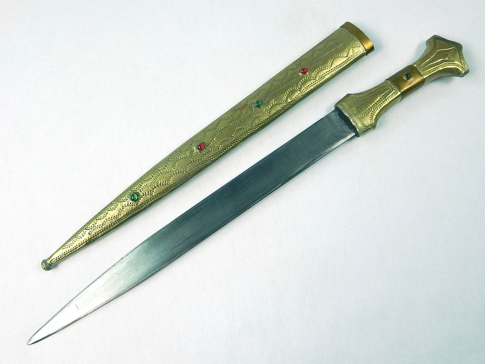 Vintage Middle East Custom Kindjal Fighting Knife Dagger: Vintage Middle Eastern Custom Handmade Kindjal with Scabbard. 17 3/4" total length. Blade is 13".