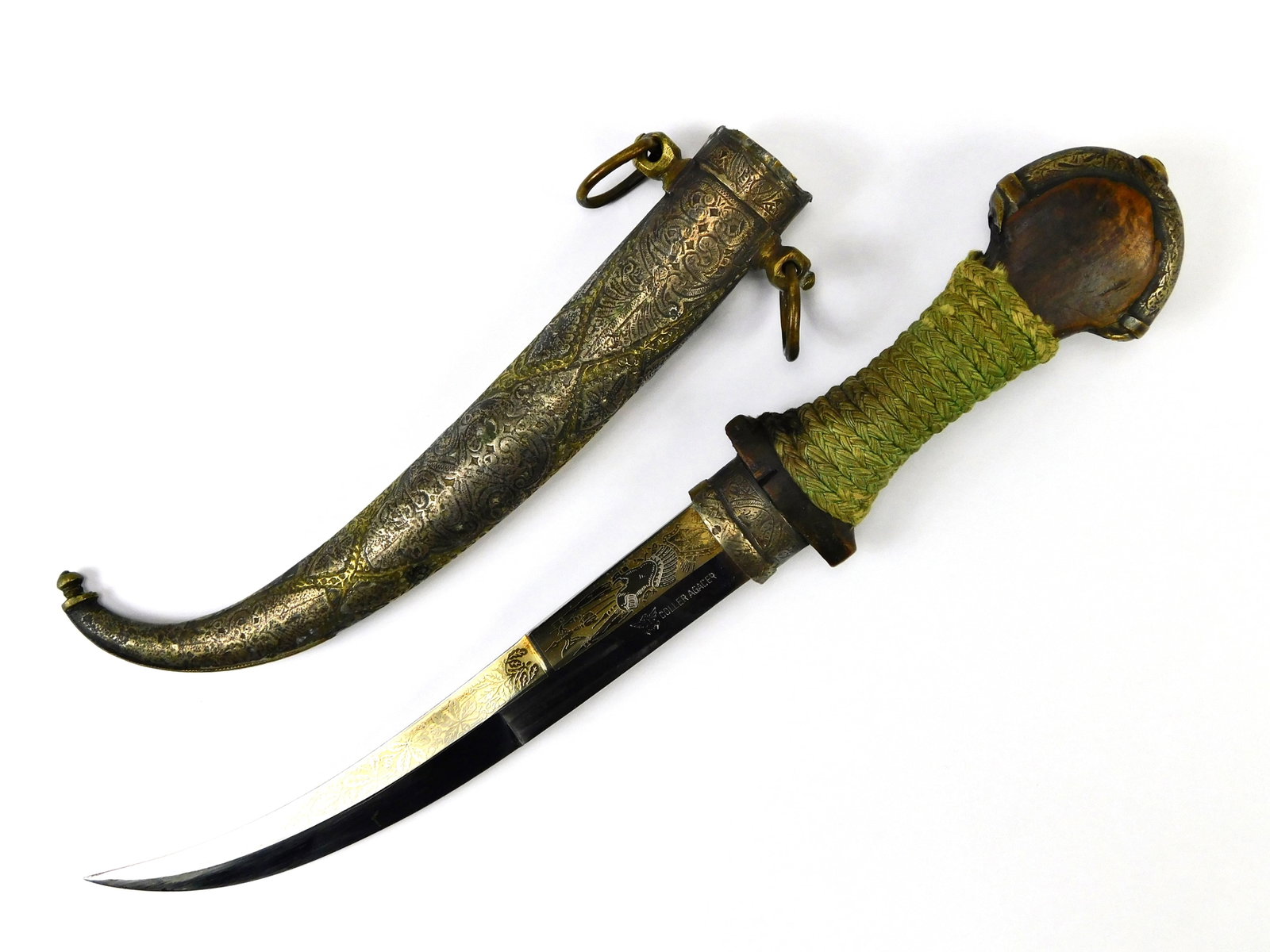 RARE Vintage French Engraved Blade Jambia Koummya Dagger Knife w/ Scabbard: RARE Vintage French Engraved Blade Jambia Koummya Dagger with Scabbard. 15" total length. The blade is 9 1/8".