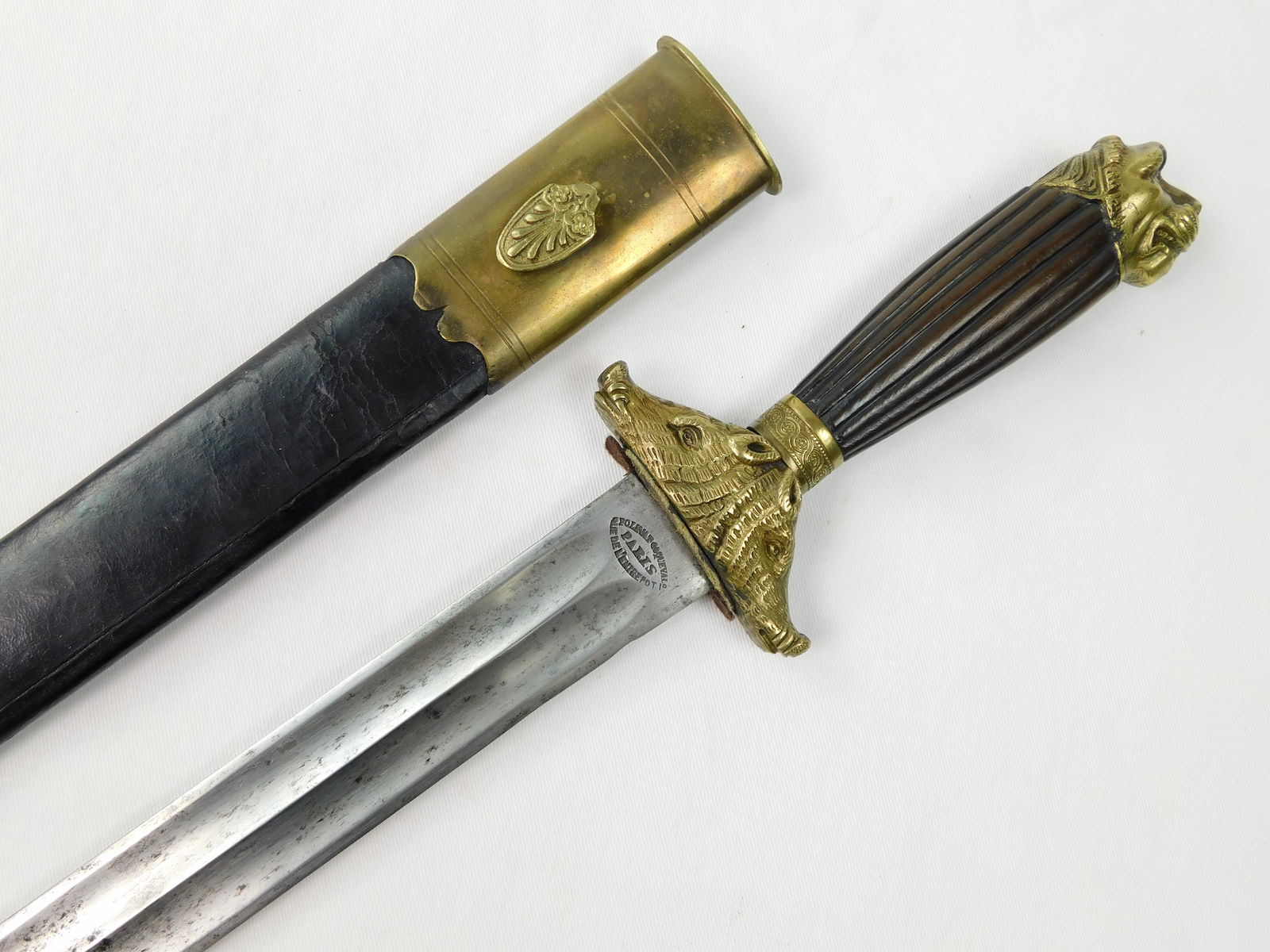 Antique French France 19C Hunting Dagger Knife Short Sword Boar Lion Head Figural Handle: Antique French 19 Century Hunting Dagger with Scabbard. 24" total length. The blade is 18 1/8".