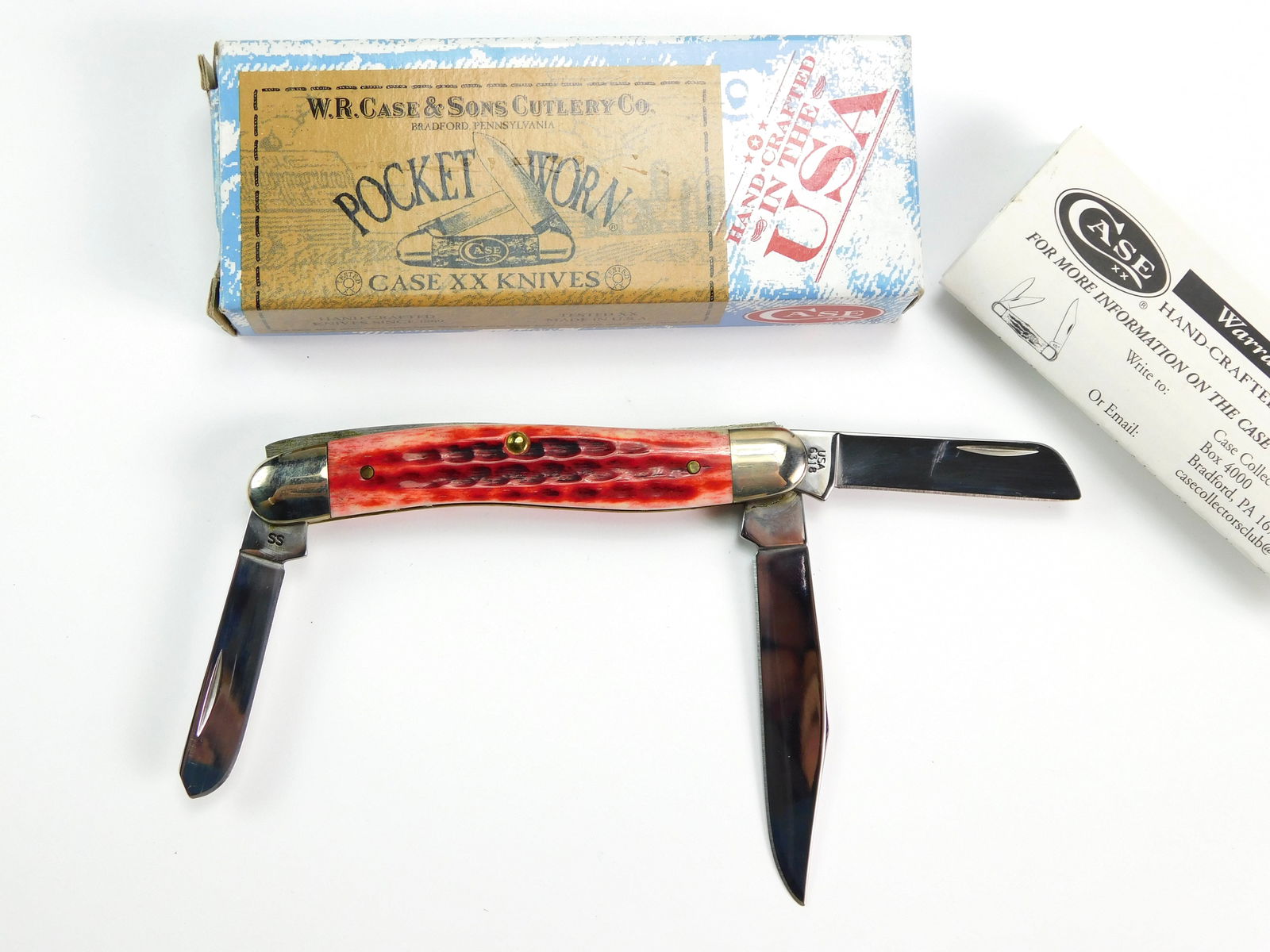 2011 Case XX Tested 6318 SS Stockman Red Folding Knife: US 2011 Case XX Tested 6318 SS Stockman. Old Red Folding Pocket Knife with Box. New old stock. Measurements are pictured.