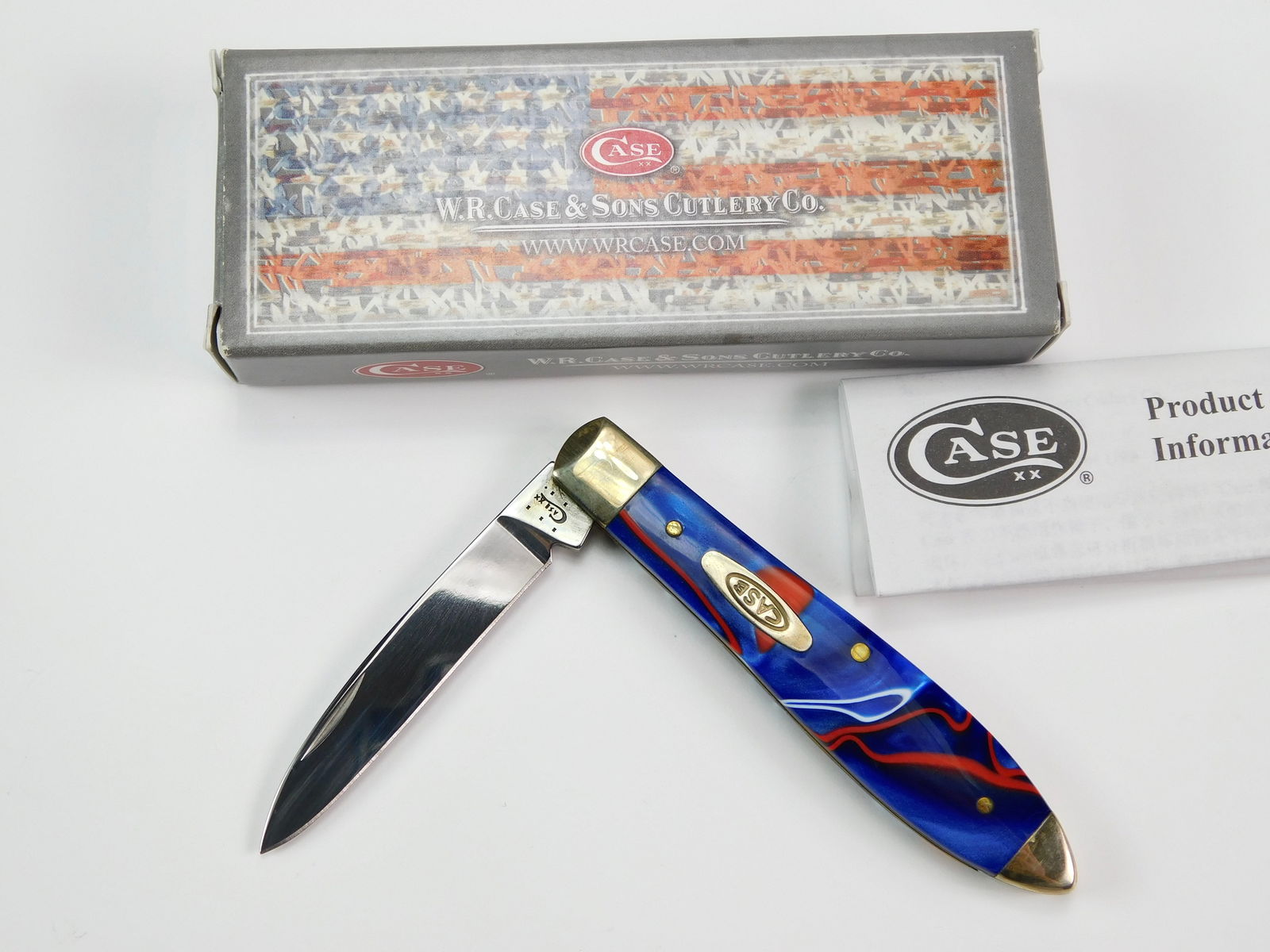 2014 Case XX Tested TB101028 SS Teardrop Folding Knife: US 2014 Case XX Tested TB101028 SS Teardrop Jack. Patriotic Folding Pocket Knife with Box. New old stock. Measurements are pictured.
