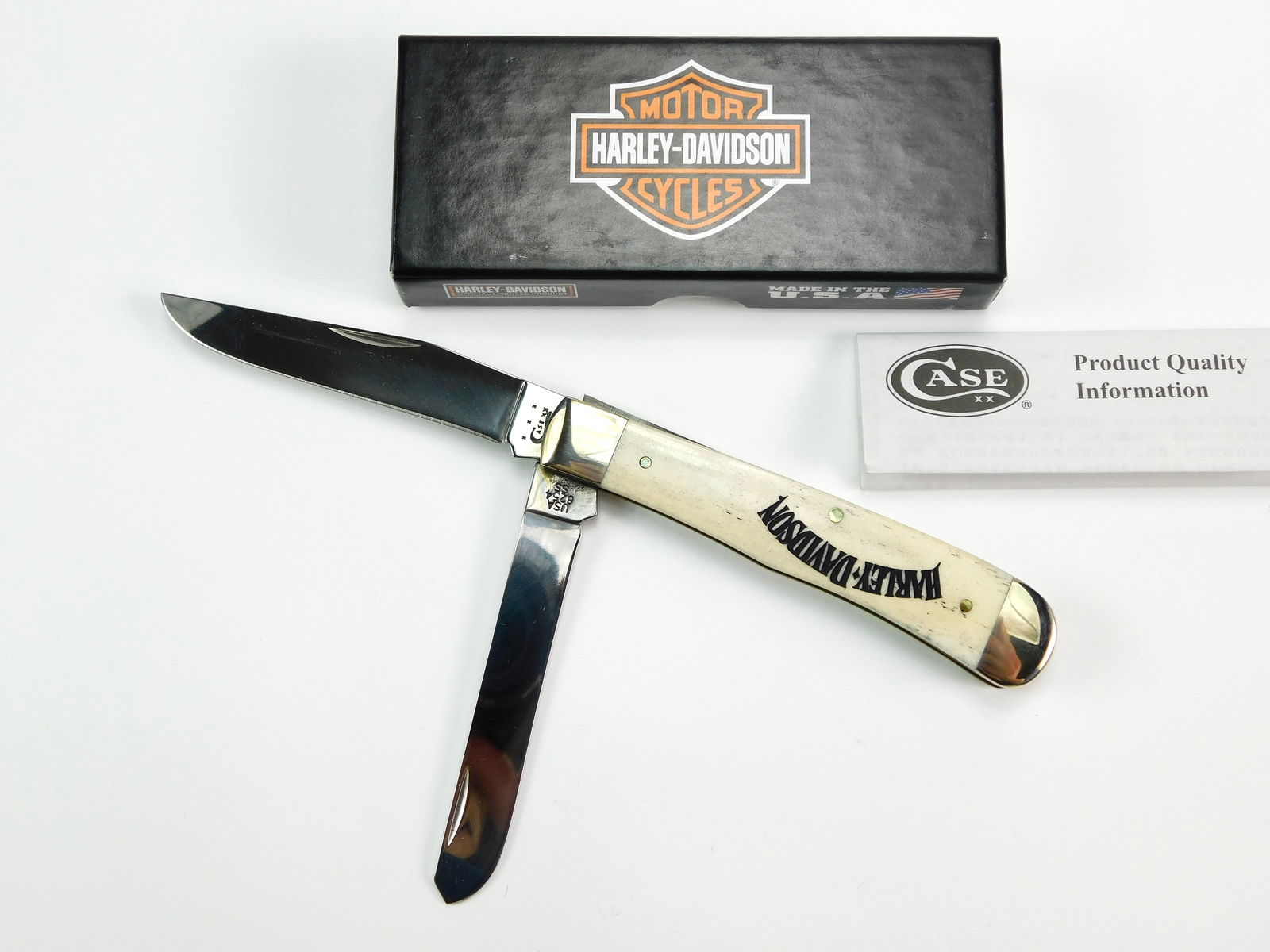 2014 Case XX Tested 6254 SS Trapper Harley Davidson Knife: US 2014 Case XX Tested 6254 SS Trapper Natural Folding Pocket Knife with Box. New old stock. Measurements are pictured.