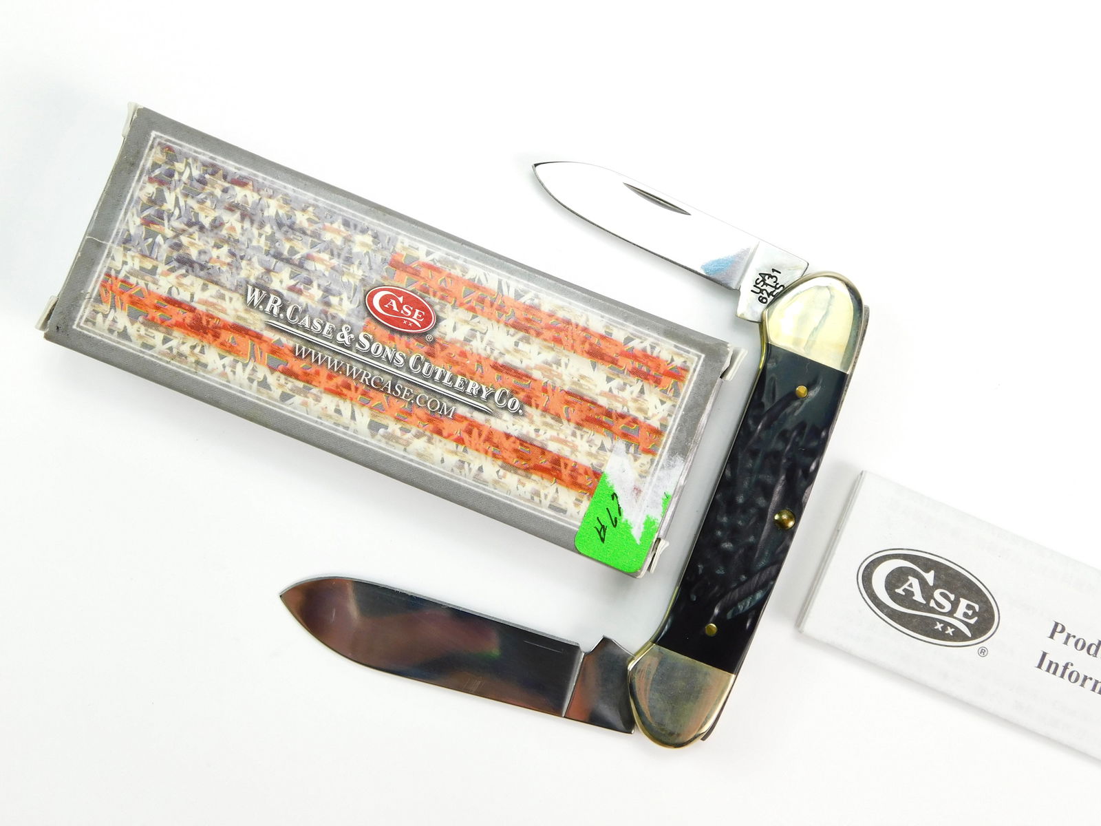 2014 Case XX Tested 62131 SS Canoe Black Folding Knife: US 2014 Case XX Tested 62131 SS Canoe Rough Black Folding Pocket Knife with Box. New old stock. Measurements are pictured.