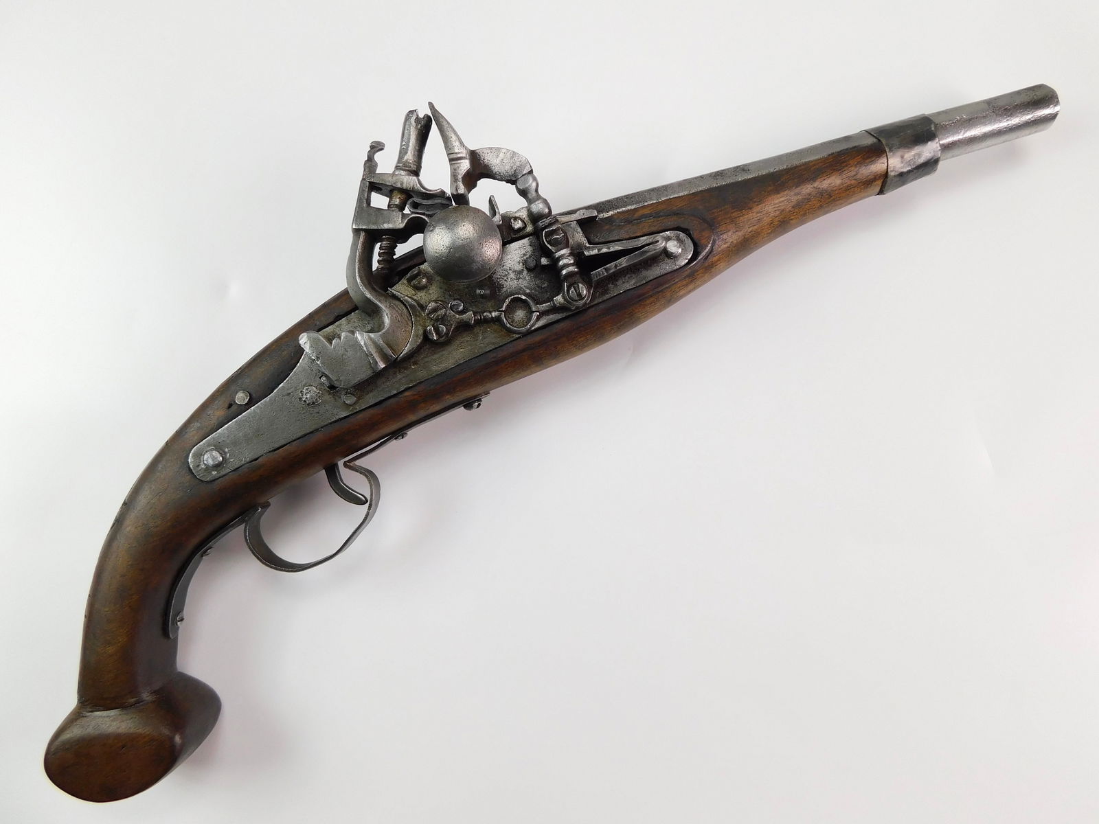 Antique 19 Century Middle East Flintlock Gun Pistol: Antique Middle Eastern Flintlock Gun. Restored with some new custom-made parts (trigger, trigger guard, wood stock, etc.). Action is soft with a single click but works properly.There is no internation