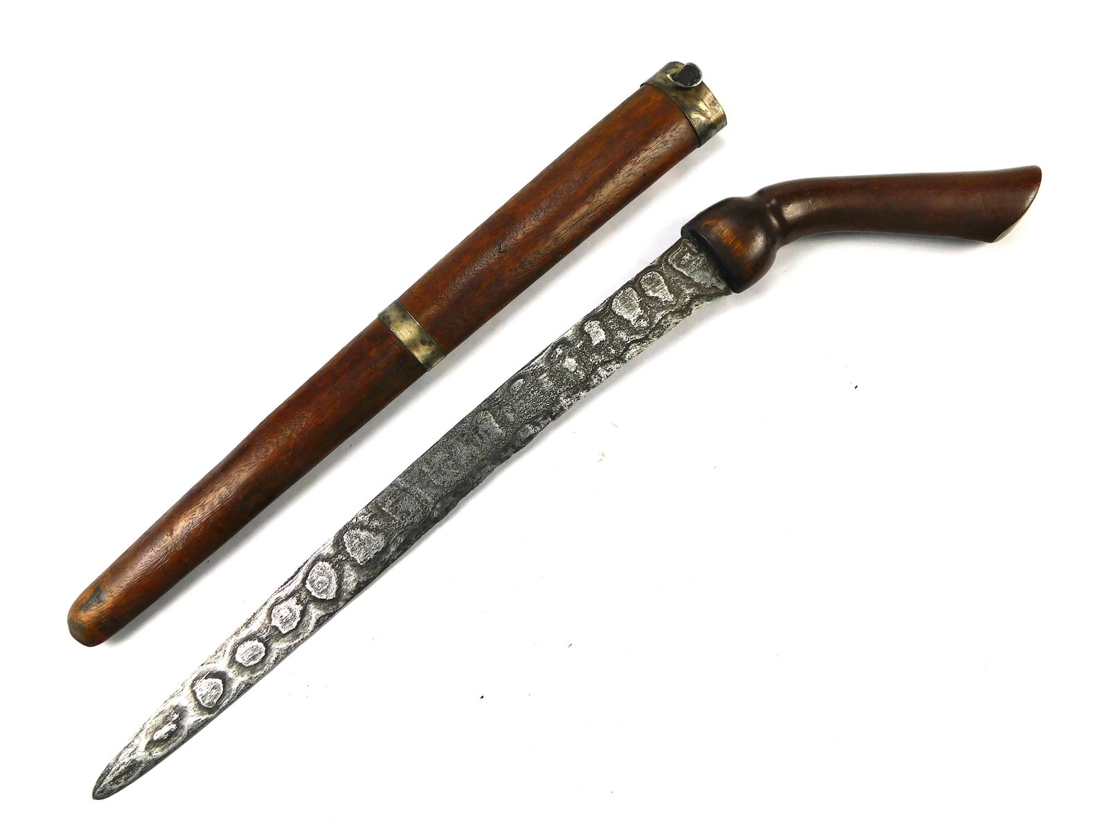 Antique Indonesian Damascus Blade Keris Fighting Knife Short Sword w/ Scabbard: Antique Indonesian Damascus Blade Fighting Knife with Scabbard. Solid, no loose parts. 17 3/4" total length. The blade is 12 5/8".