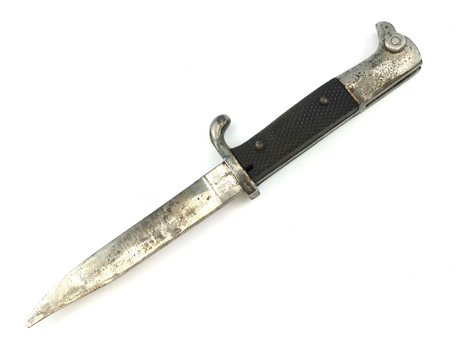 German Germany WW1 Mauser Boot Trench Fighting Knife Bayonet: German WW1 Mauser Fighting Boot knife in bayonet shape. No scabbard. The push button works. The point of the blade is broken. 10 3/4" long with 5 7/8" blade.