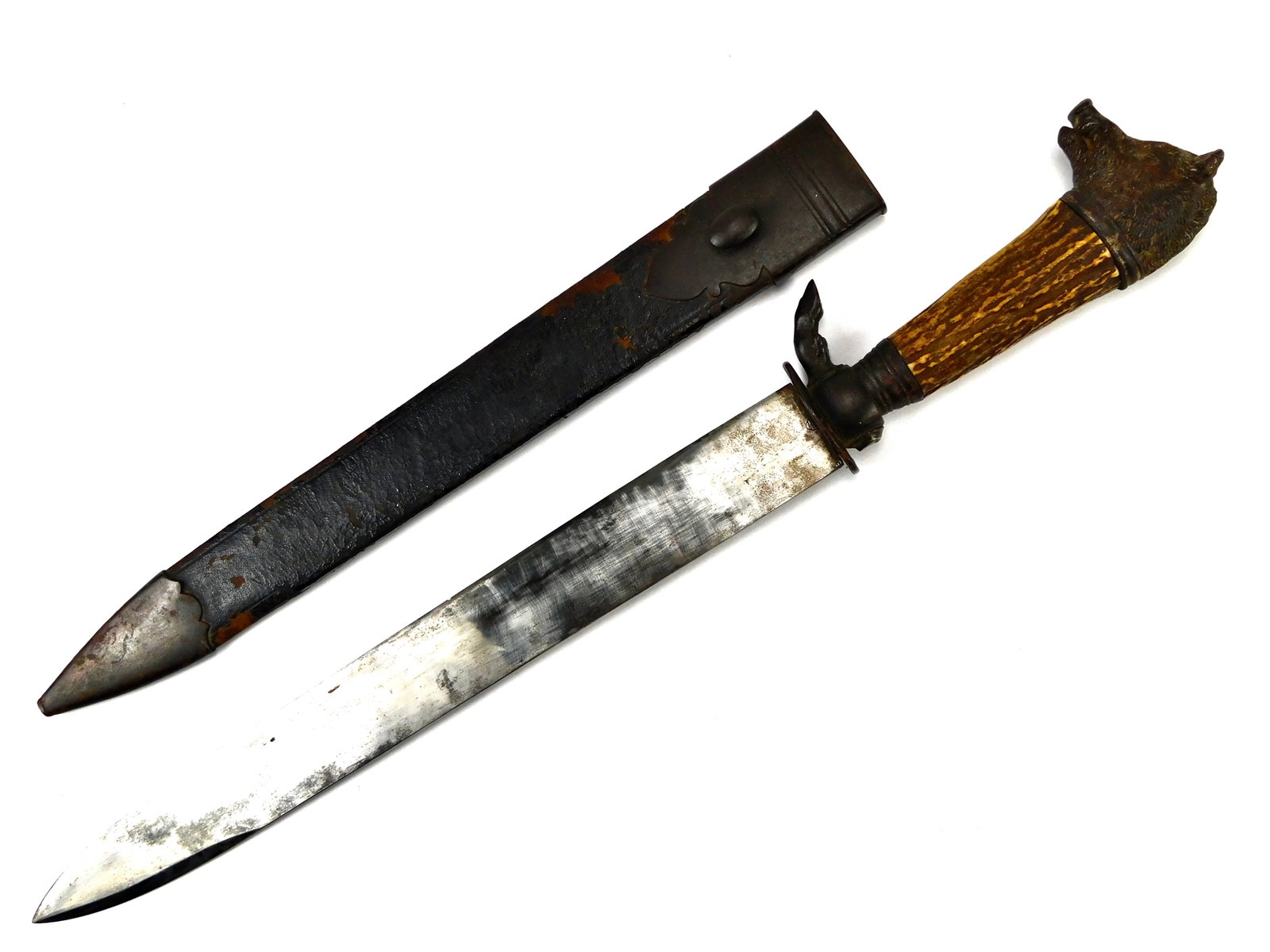 Antique Pre WW1 19C Imperial German Bore Head Huge Knife Short Sword: Antique German Hunting Dagger with Scabbard. The wild bore head handle is loose. Guard is damaged, has a bit of movement. 20 1/4" total length. The blade is 14".