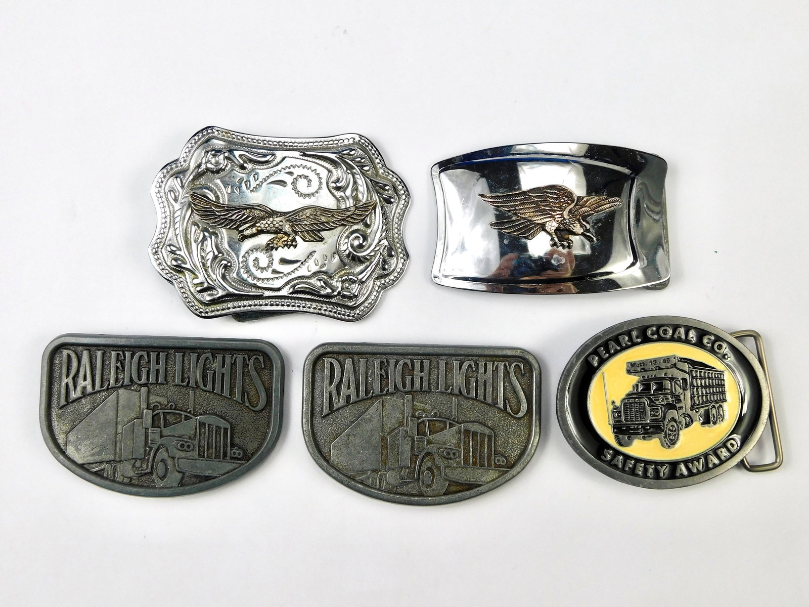 Lot of 5 Vintage Belt Buckle USA Patriotic US Eagle Raleigh Lights Pearl Coal Co Safety Award Pewter: Lot of 5 Vintage Belt Buckles