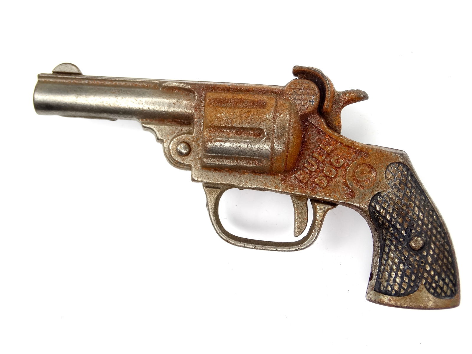 Vintage US Diecast Chromed Bull Dog Western Cowboy Toy Cap Gun Revolver Pistol: Vintage US Chromed Bull Dog Toy Cap GunIt's not my area of expertise but I think everything works correctly. No international shipping.