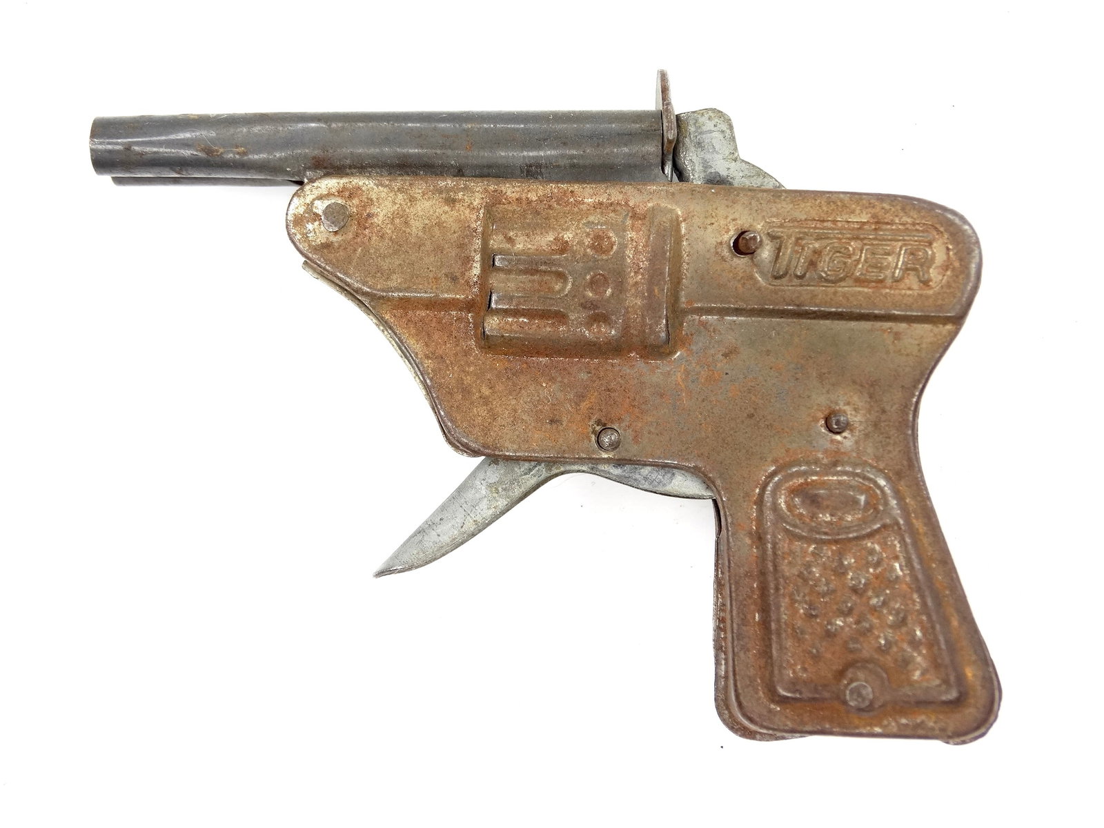 Vintage US Diecast Chromed Tiger Mini Toy Cap Gun Pistol Single Action Revolver: Vintage US Diecast Chromed Tiger Mini Toy Cap GunIt's not my area of expertise but I think everything works correctly. No international shipping.