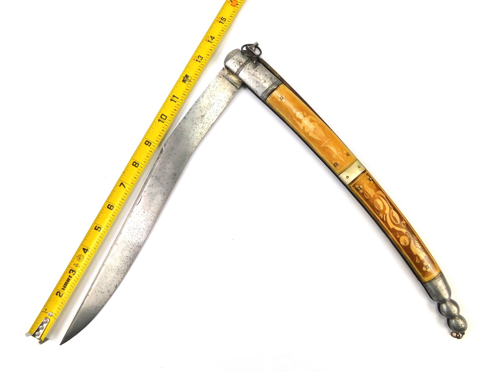 Antique 19 C French Italian Huge Navaja Folding Knife: Antique French or Italian Huge Engraved Navaja Folding Fighting Knife. No sheath. The blade is a little wobbly. 27" total length, the blade is 13 1/8", 14 1/2" when closed.