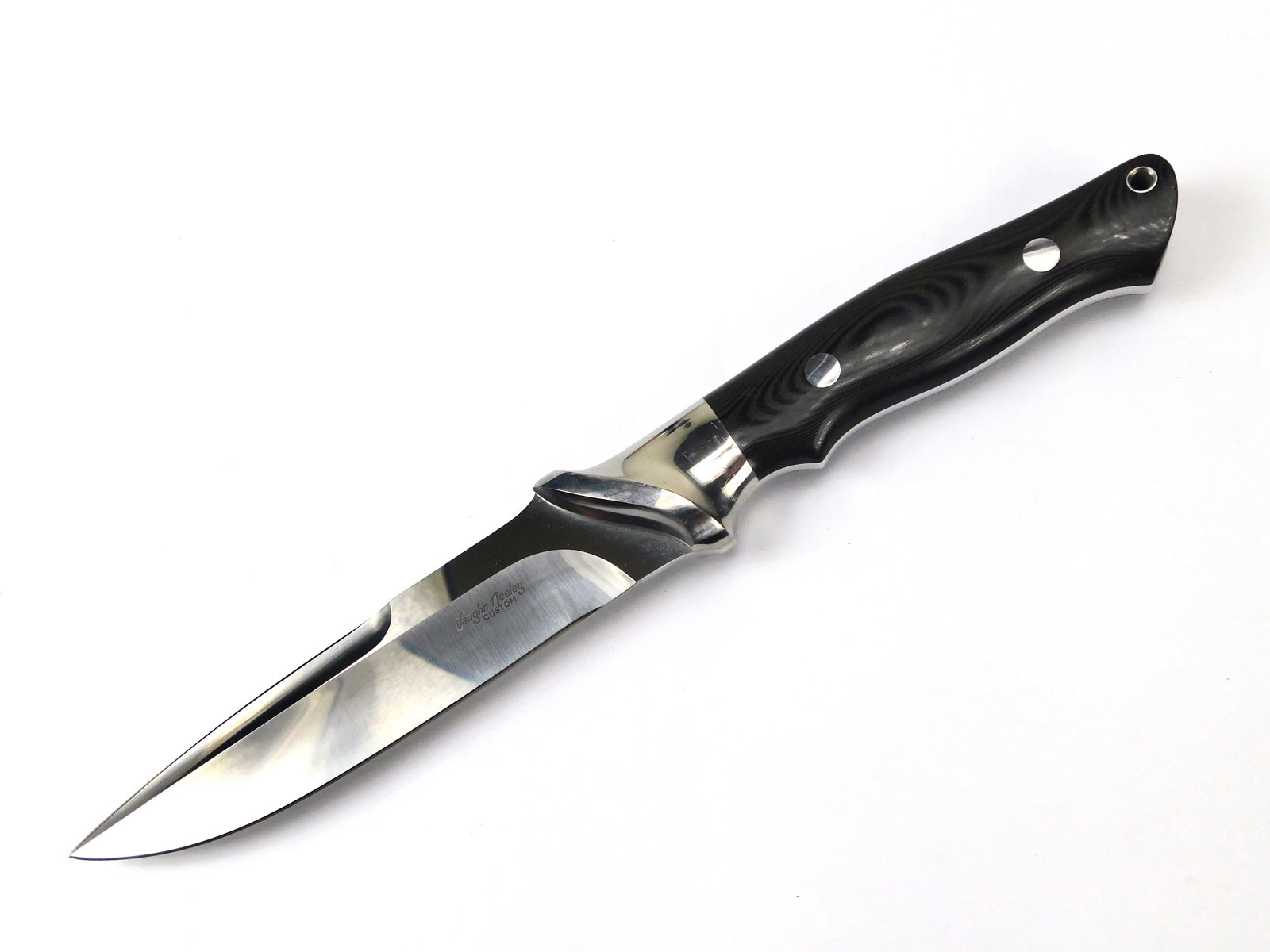 Vaughn Neeley Custom Made Tactical Double-Edged Knife: Custom Vaughn Neeley Tactical Double-Edged Fighting Knife. No sheath. The knife is solid, no loose parts. Size: 11 5/8" total length, the blade is 6 3/8".