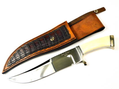 1980s Dante Gottage Custom Large Bowie Knife w/ Sheath: Custom Handmade By Michigan Maker Dante Gottage Large Polished Ox Bone Handle Bowie Knife with leather sheath. The knife is solid, no loose parts. Size: 14 3/4" total length, the blade is 9 7/8". No i