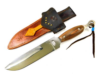 Vintage LEE MCDOWELL Custom Made Huge Bowie Fighting Knife: Custom Made LEE MCDOWELL Huge Bowie Fighting Knife with Leather Sheath. Knife is solid, no loose parts. Size: 14 1/2" total length, blade is 8 7/8".
