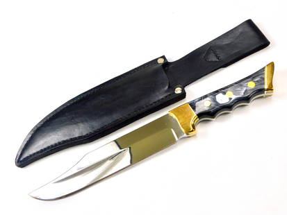 MIKE SAKMAR Custom Made Bowie Knife: US Custom Made by MIKE SAKMAR Bowie Fighting Knife with Leather Sheath. Size: 13" total length, blade is 7 3/4".