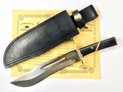 2002 Custom- made JAY MAINES Sunrise River Huge Bowie Fighting Knife: US 2002 Custom Made JAY MAINES Sunrise River Huge Bowie Fighting Knife with Leather Sheath and Certificate. Knife is solid, no loose parts. Size: 14" total length, blade is 9 1/4".
