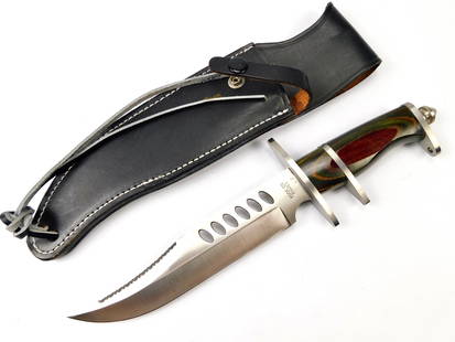 Edge Co. Bowie Crocodile Dundee Fighting Knife w/ Sheath: Edge Co. Bowie Fighting Knife with sheath. Made in Taiwan. Tight, no loose parts. The knife is 13" long with an 8" blade.