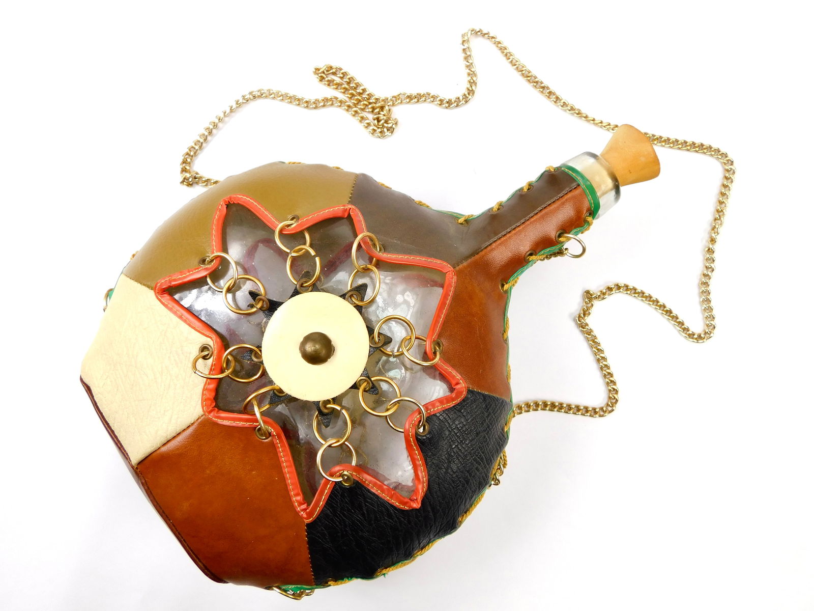 Vintage Spanish Spain Glass & Leather Decorative Canteen Flask Folk Art: Vintage Spanish Glass & Leather Decorative Canteen