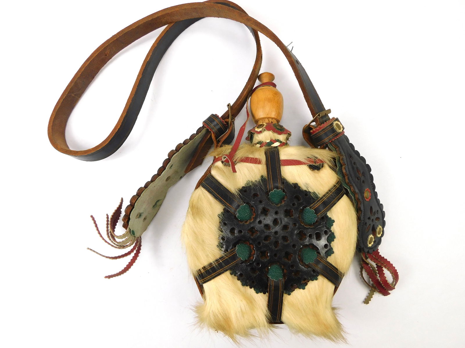 Vintage Hungarian Hungary Wood Fur Leather Decorative Canteen Flask Folk Art: Vintage Hungarian Wood, Fur (Goat?) & Leather Decorative Canteen
