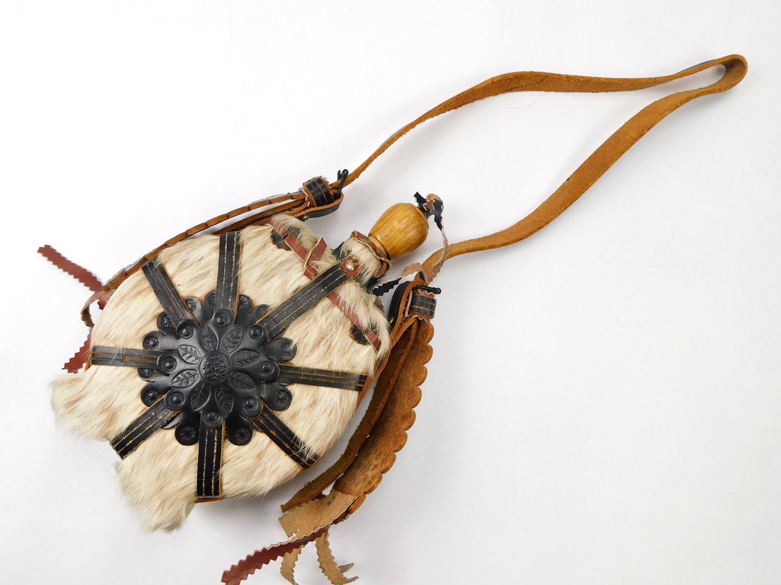 Vintage Hungarian Hungary Wood Fur Leather Decorative Canteen Flask Folk Art: Vintage Hungarian Wood, Fur (Goat?) & Leather Decorative Canteen