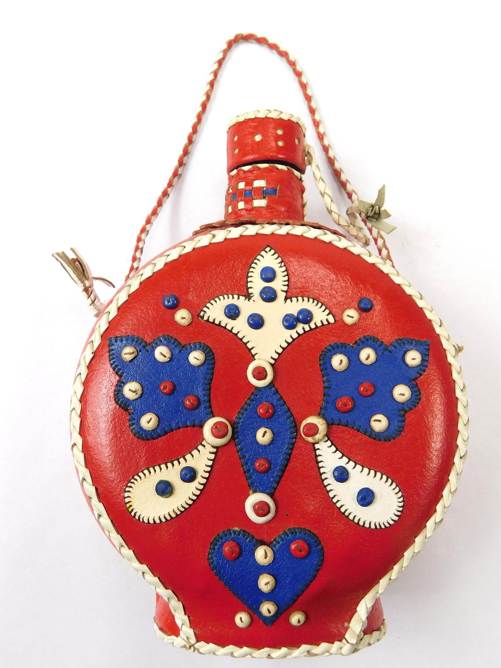 Vintage Hungarian Hungary Glass Leather Decorative Canteen Flask Folk Art Red: Vintage Hungarian Glass & Leather Decorative Canteen