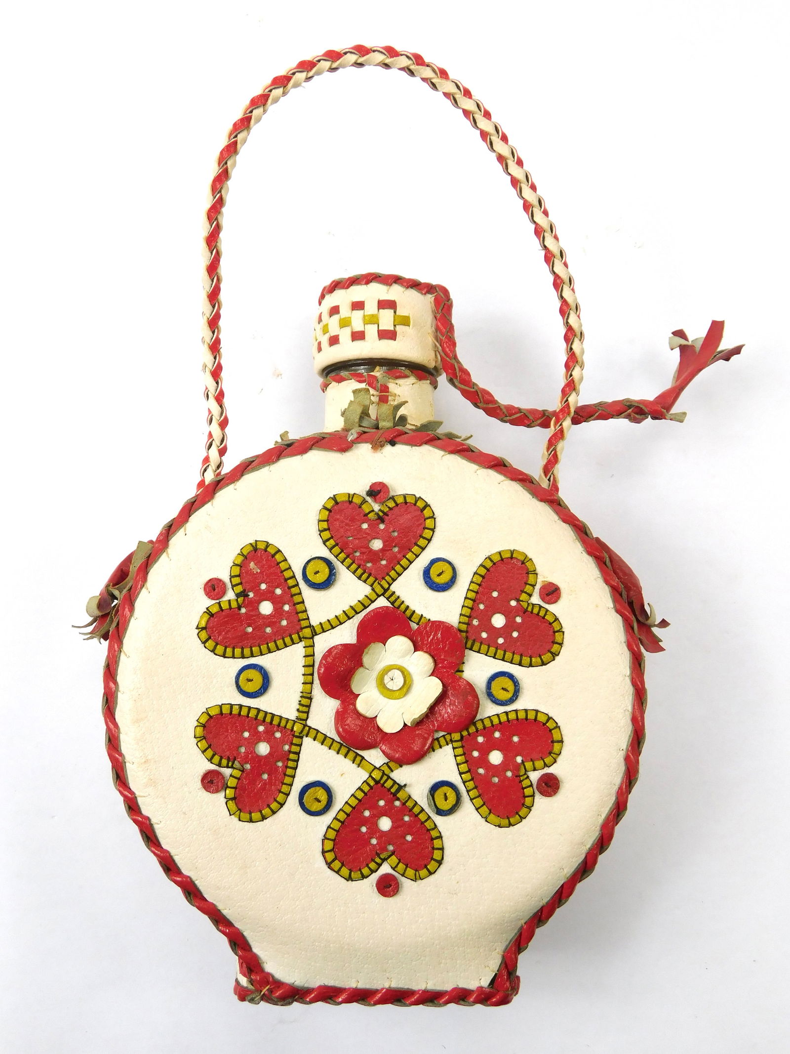 Vintage Hungarian Hungary Glass Leather Decorative Canteen Flask Folk Art: Vintage Hungarian Glass & Leather Decorative Canteen