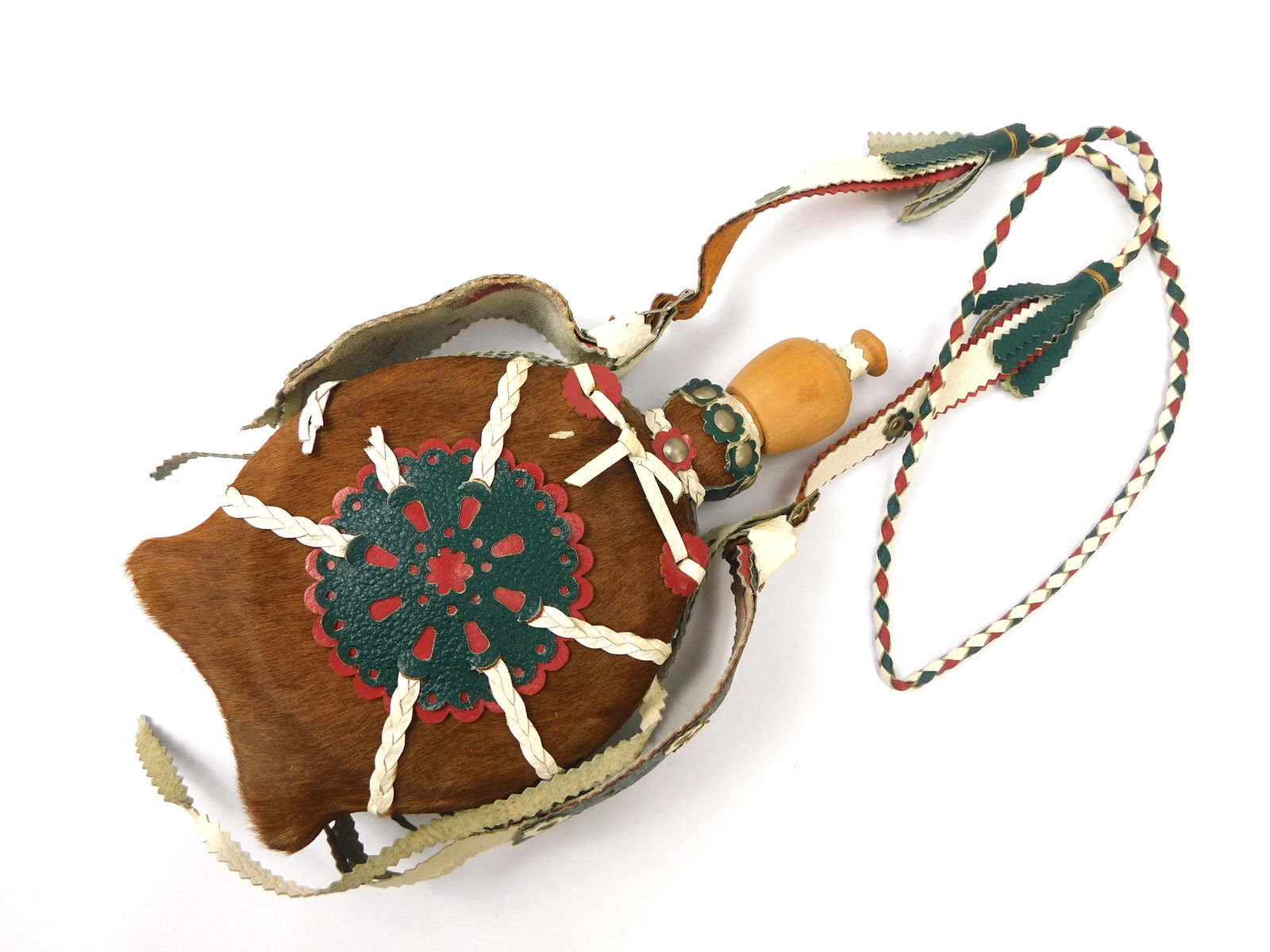 Vintage Hungarian Hungary Horse Fur Leather Wood Decorative Canteen Flask Folk Art: Vintage Hungarian Horse Fur, Leather & Wood Decorative Canteen